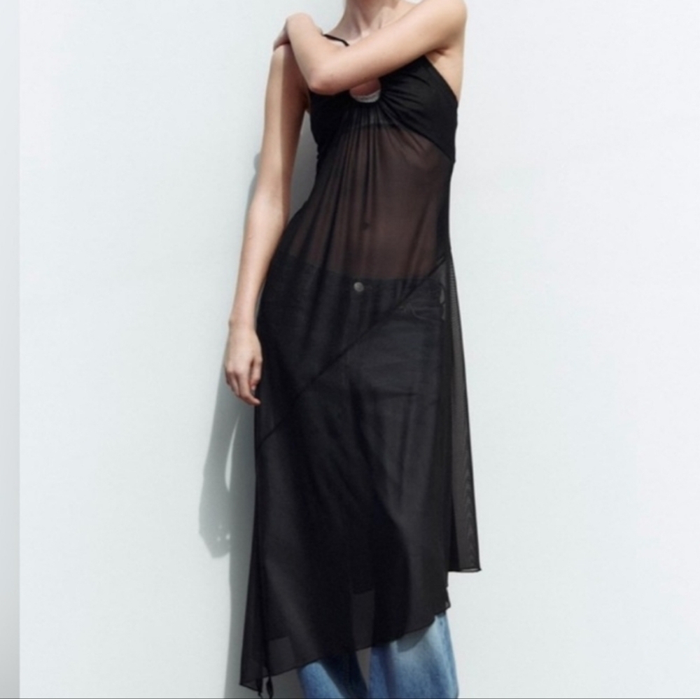 ZARA Tulle Mesh Asymmetrical Slip Dress In Black. Size Medium - Picture 5 of 16